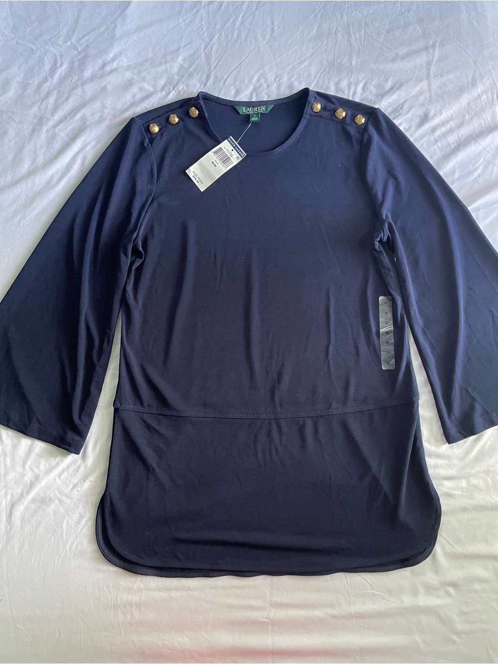 LAUREN Ralph Lauren Women’s Navy Button-Shoulder Long Sleeve Chiffon Shirt Top M